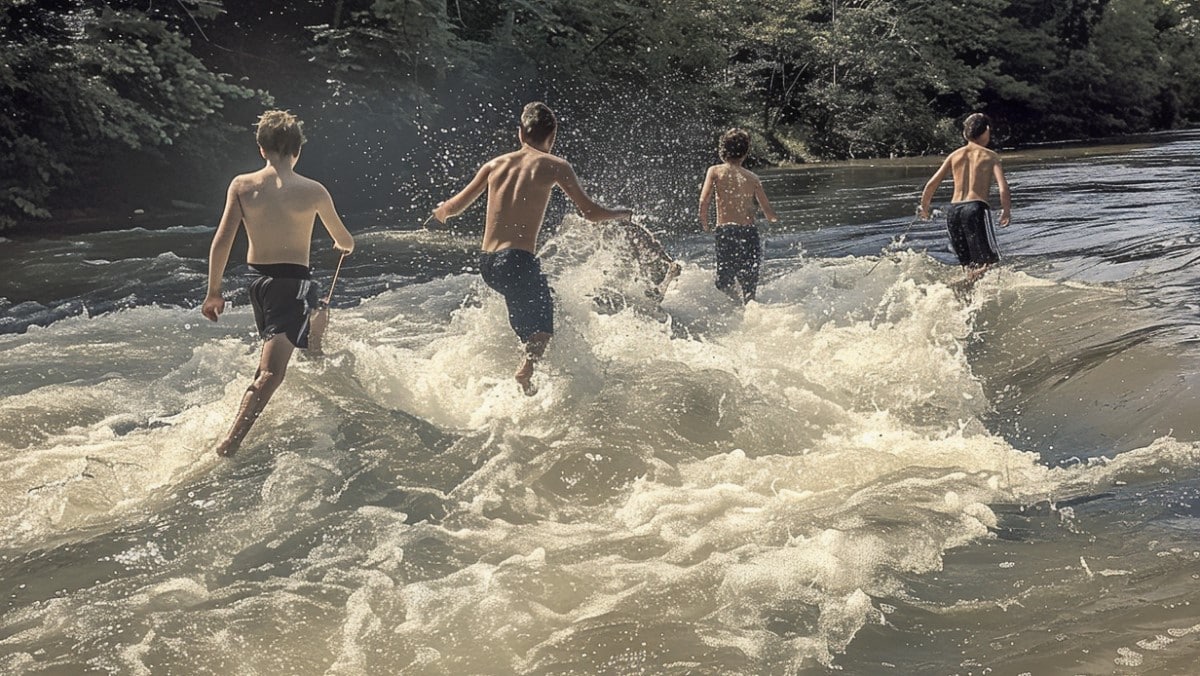 Garçons courant dans rivière