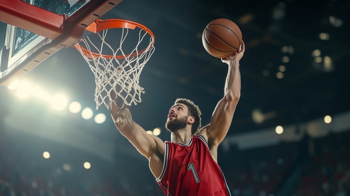 Joueur de basketball réalisant un dunk