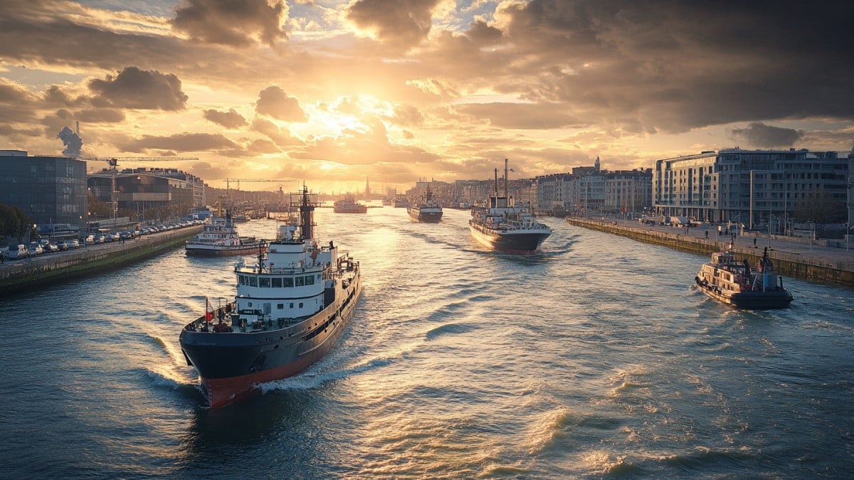 Bateaux dans un port en soirée