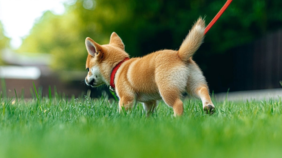 Chiot en laisse marchant