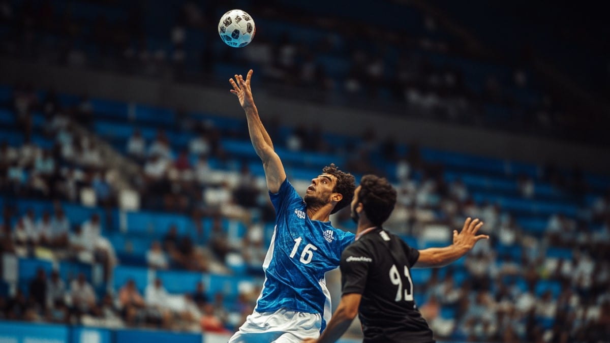 Joueurs handball duel aérien