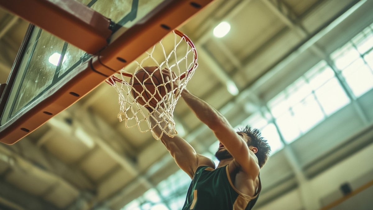 Joueur de basketball qui réalise un dunk