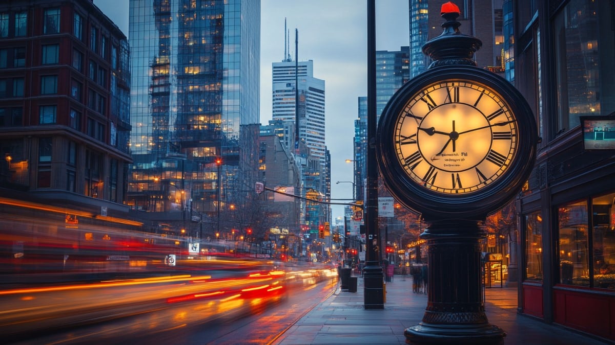 Horloge dans une ville illuminée