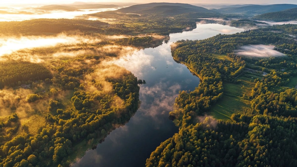 Rivière entourée de forêt au matin