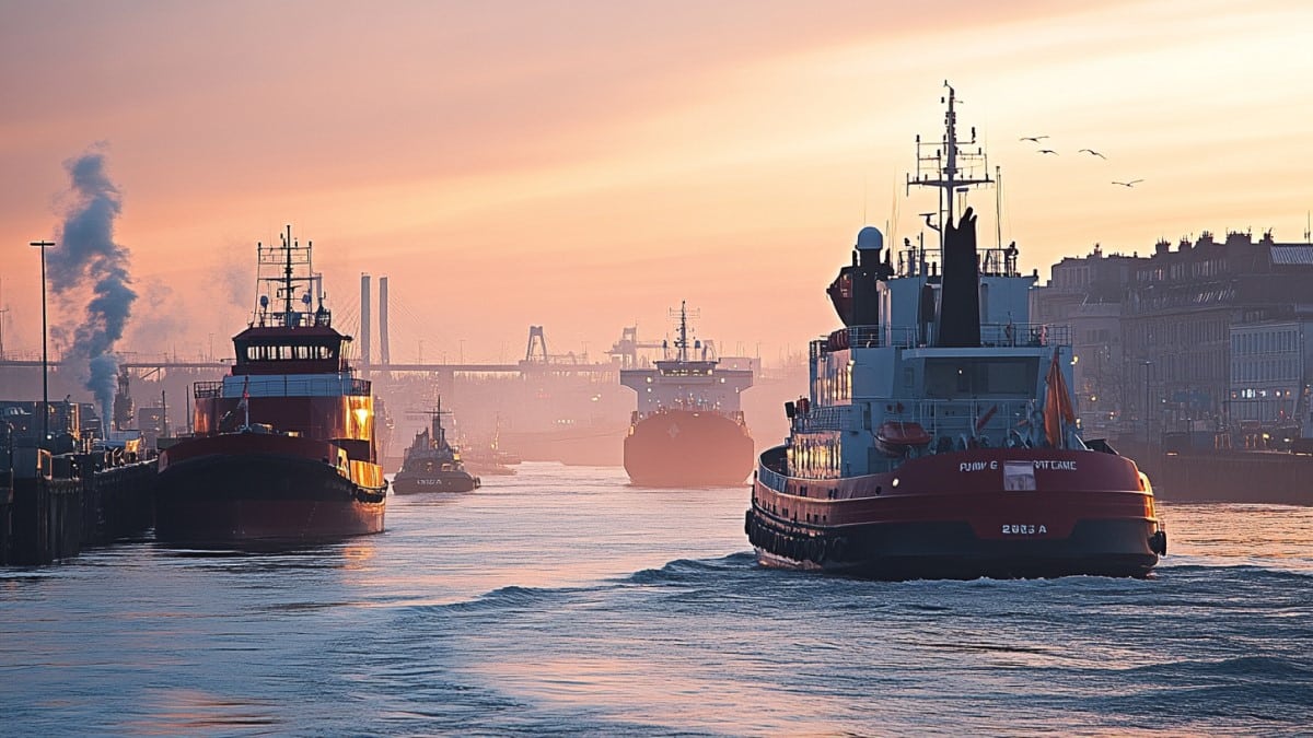 Bateaux dans un port au crépuscule