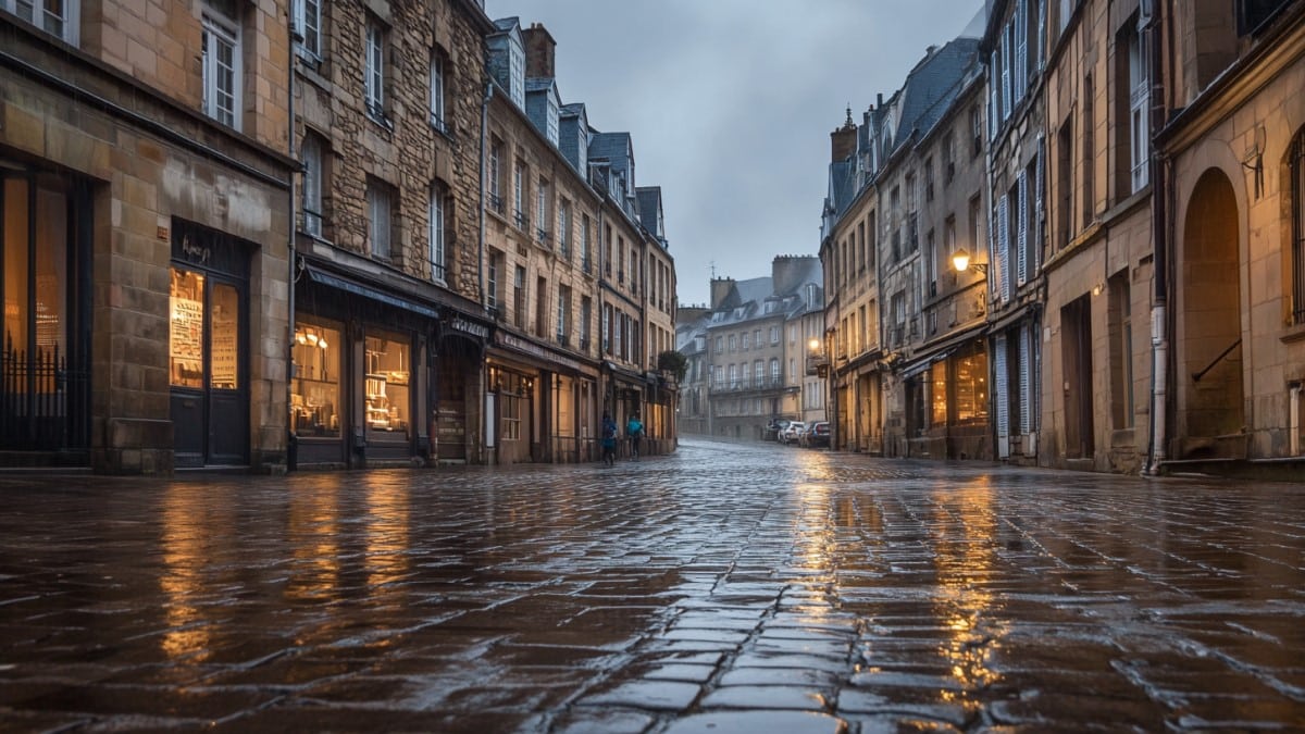 Rue mouillée au crépuscule