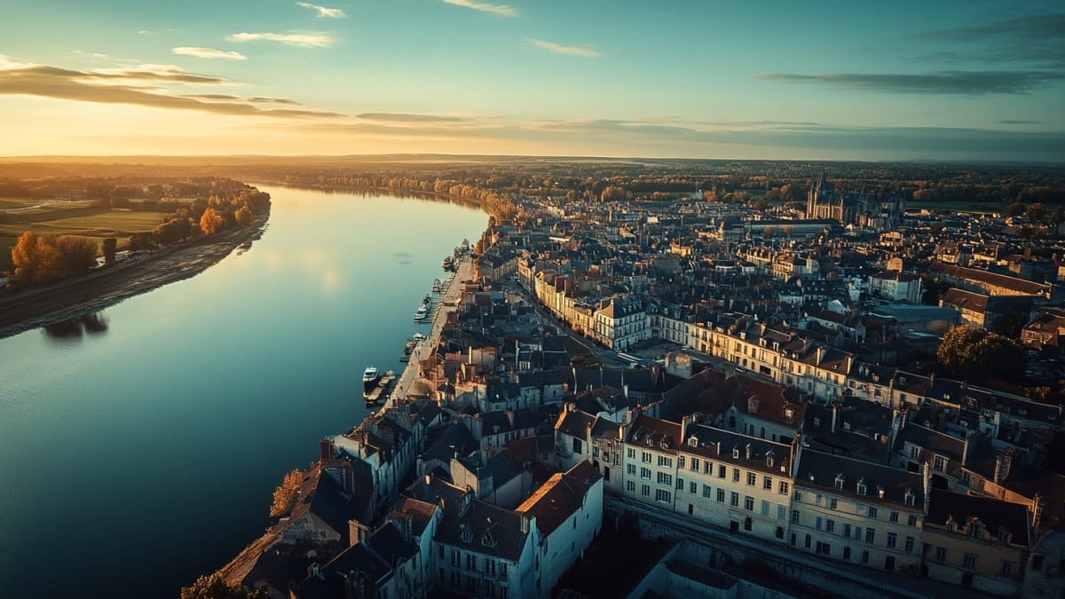 Ville et rivière au coucher du soleil