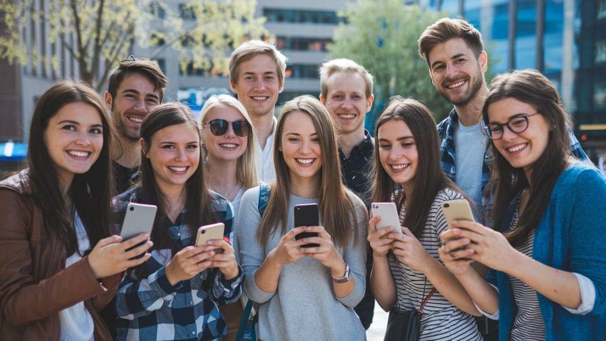 Amis souriants avec smartphones