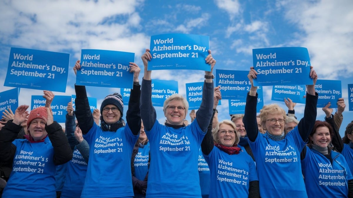 Participants journée Alzheimer avec pancartes