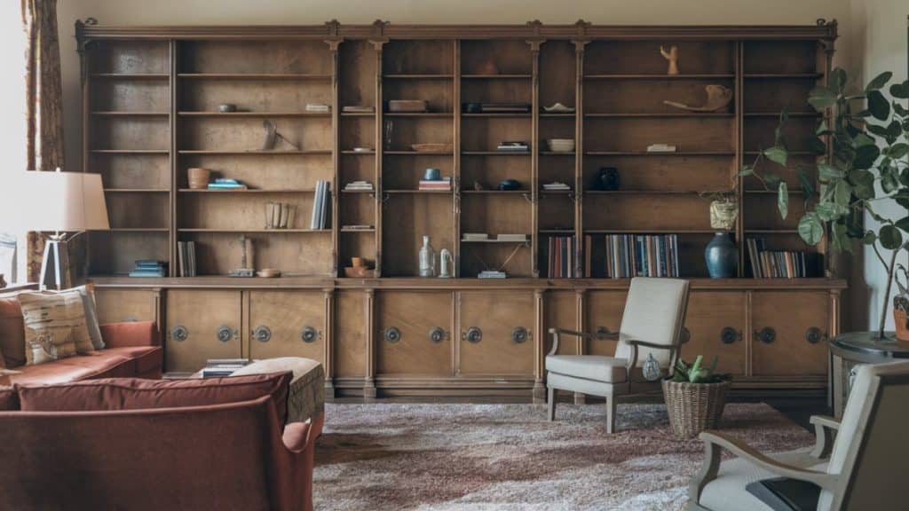 Bibliothèque et fauteuils vintage