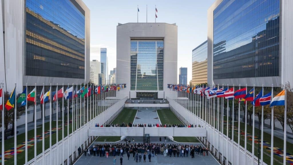 Siège de l'ONU avec drapeaux