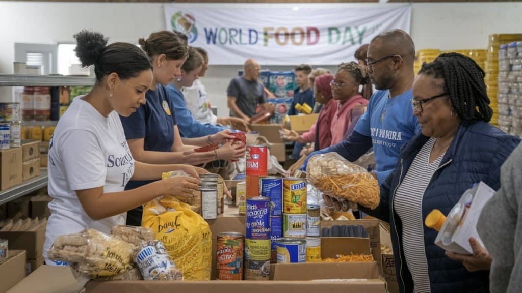 Bénévoles distribuant des aliments