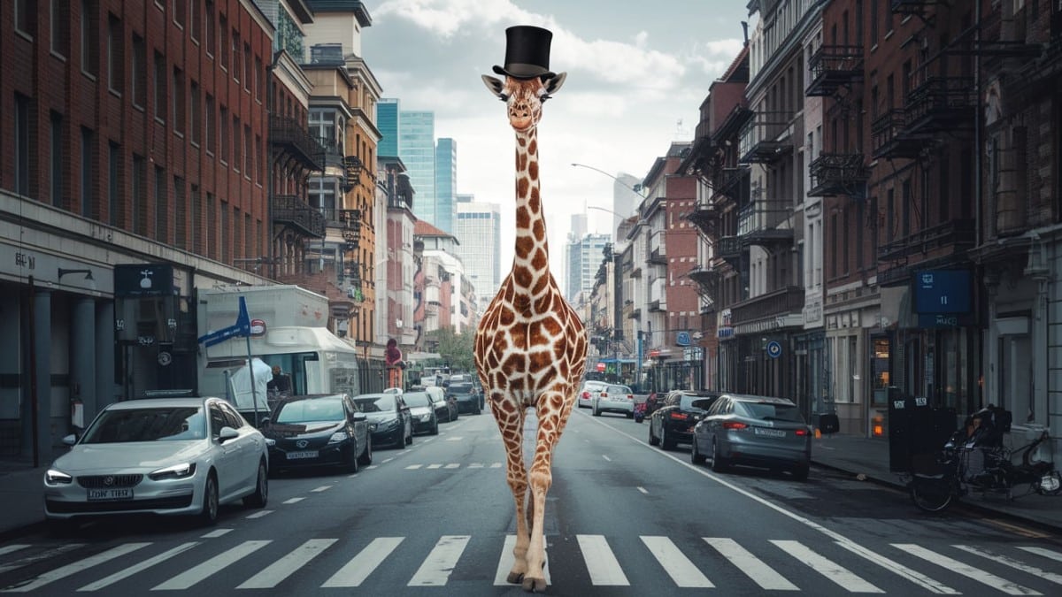 Girafe avec chapeau en ville