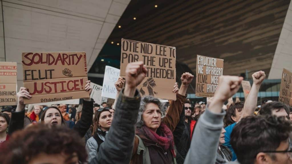 Manifestants avec pancartes et poings levés