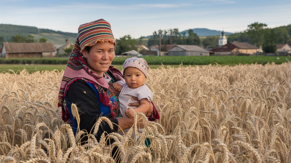 Femme avec enfant dans un champ