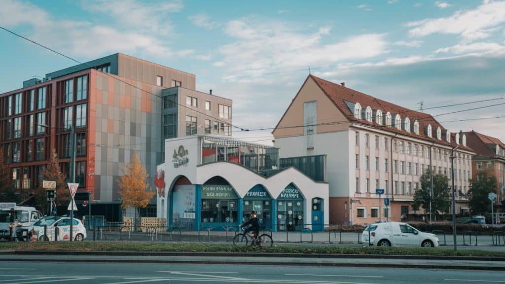 Quartier urbain avec pharmacie