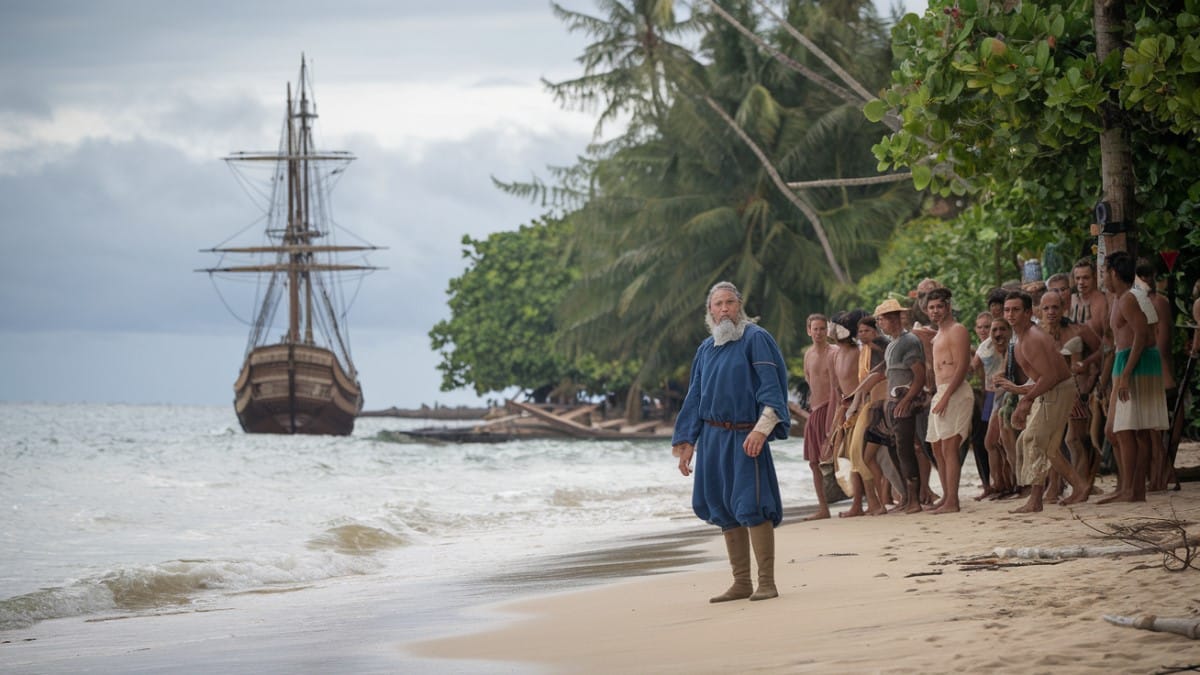 Explorateur et indigènes sur plage