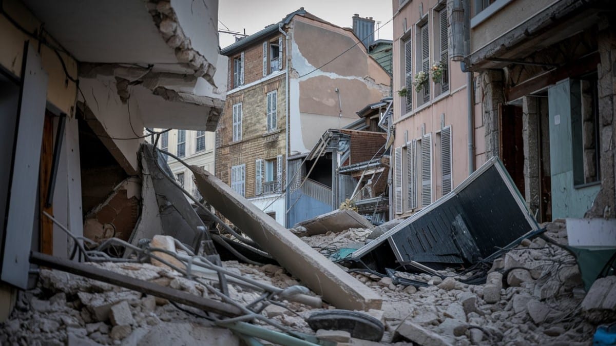 Bâtiments effondrés et décombres