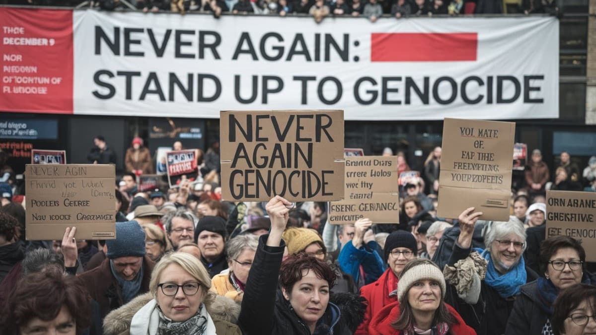 Foule disant non au génocide