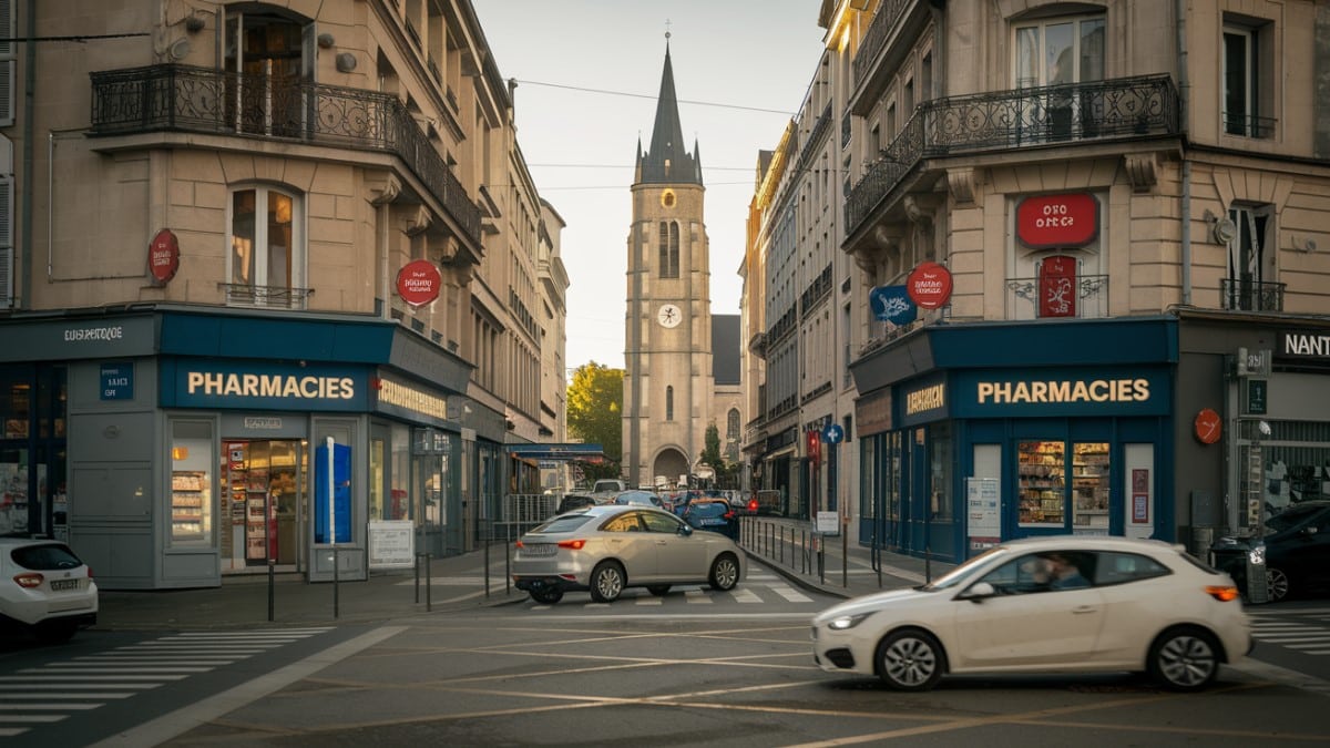 Pharmacies et église en ville