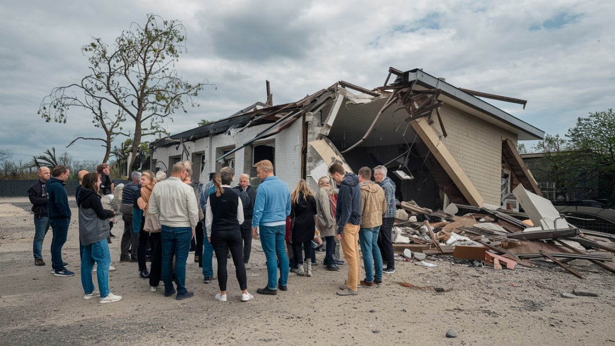 Groupe devant bâtiment détruit