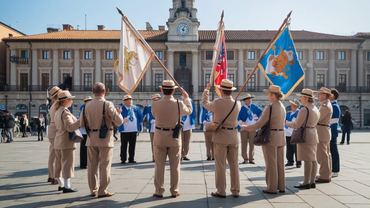 Groupe en uniforme avec drapeaux