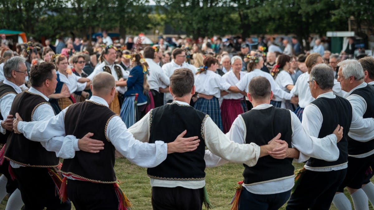 Groupe dansant en costumes folkloriques