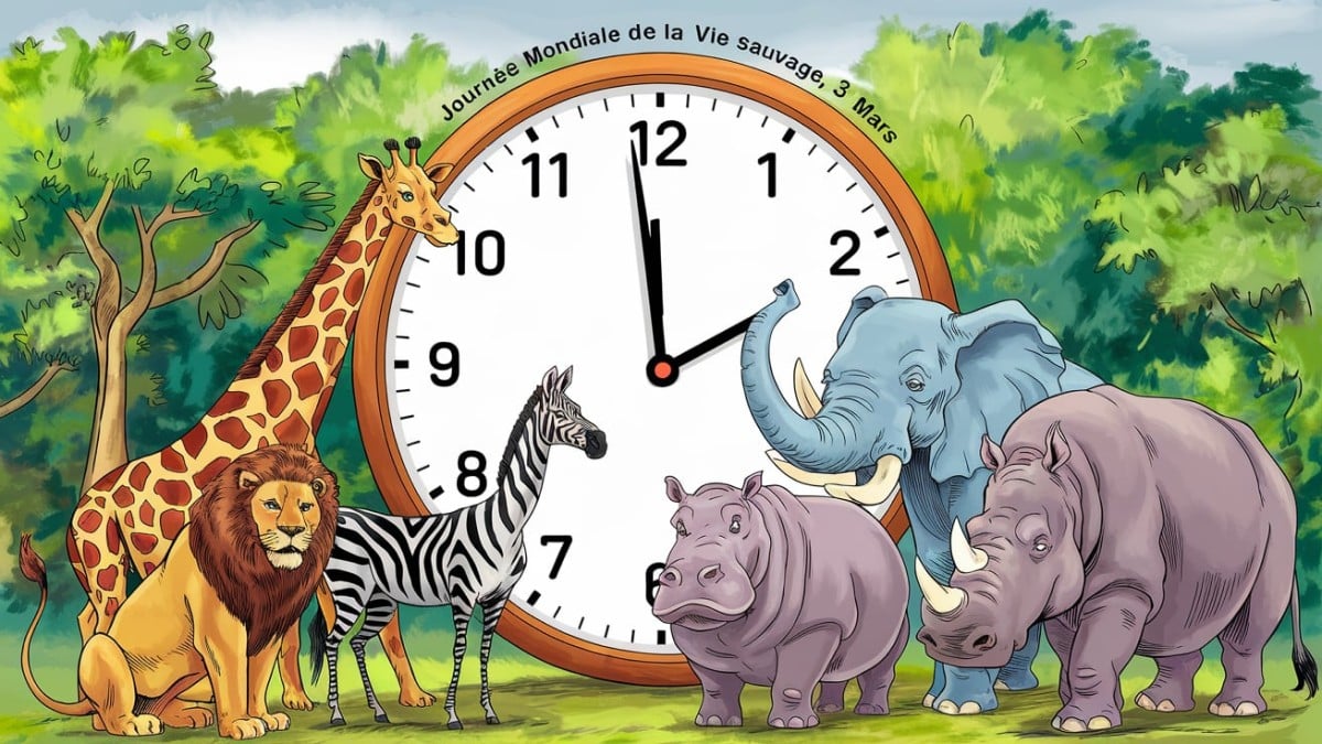 Animaux devant une horloge