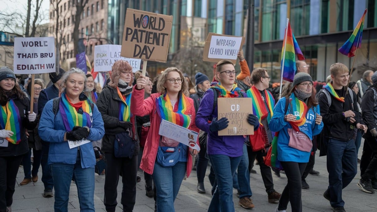 Manifestants avec banderoles colorées