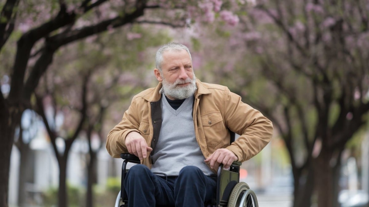 Senior en fauteuil sous arbres
