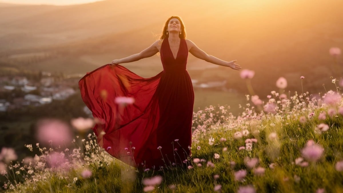 Femme en robe rouge nature