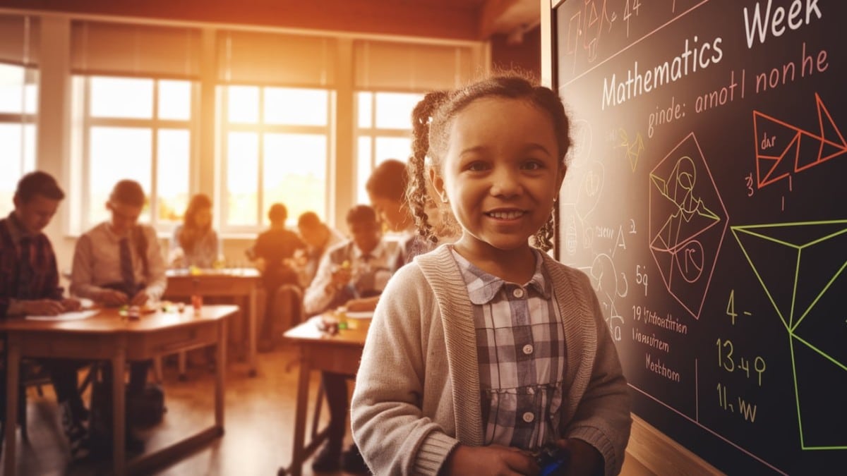 Enfant devant un tableau mathématique