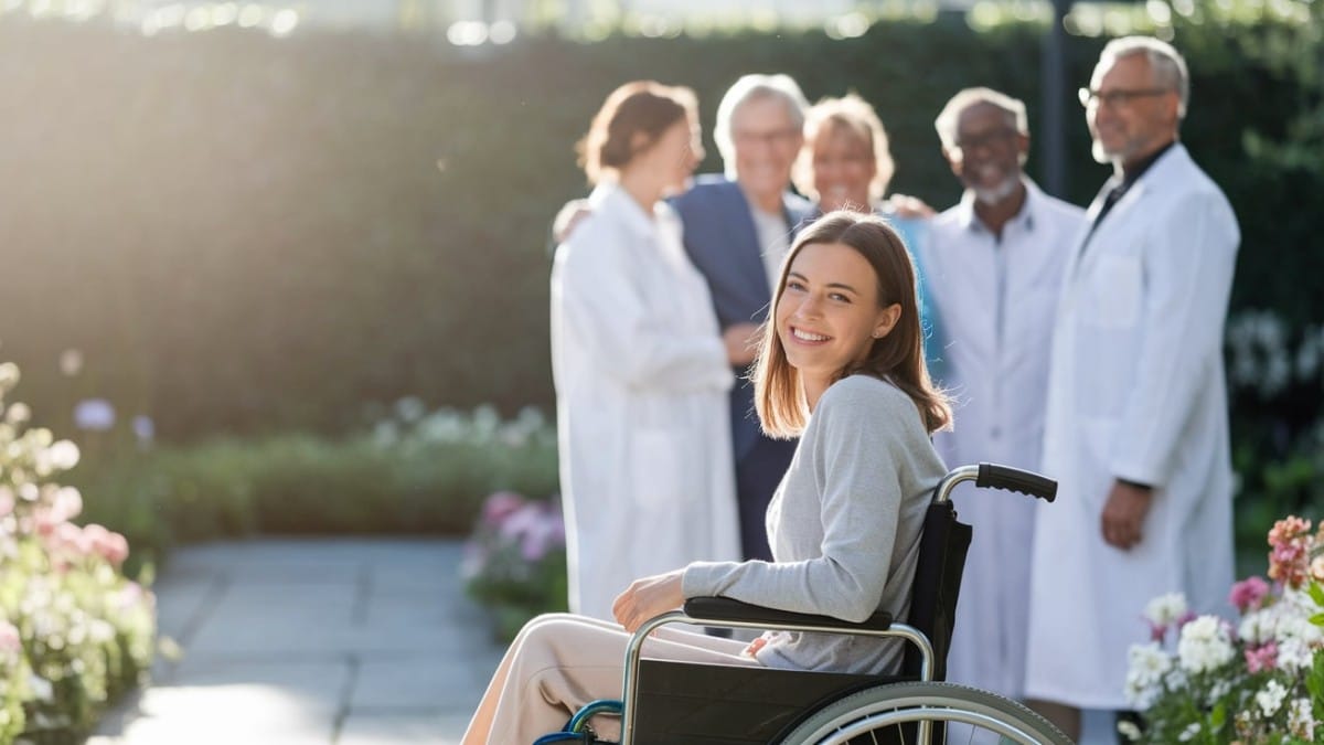 Patiente en fauteuil roulant souriante